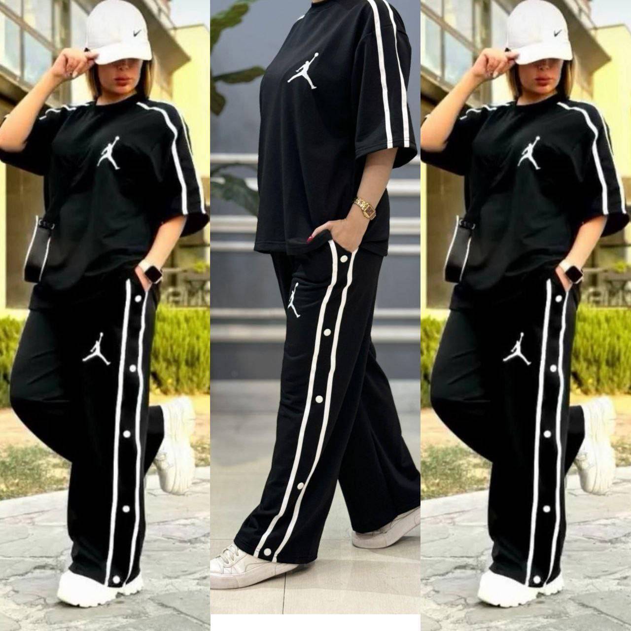 ست دو تیکه تیشرت و شلوار زنانه بغل دکمه ، ست تیشرت و شلوار مشکی ورزشی زنانه
